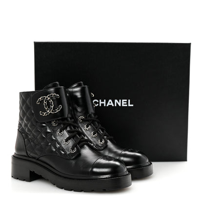 Chanel Shiny Lambskin Quilted Lace Up Combat Boots 39 Black 10 of 10