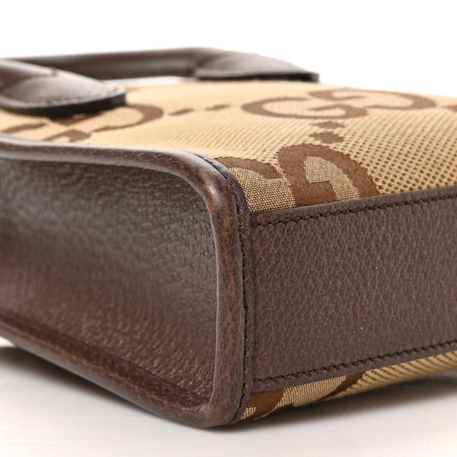Gucci Monogram Jumbo GG Textured Dollar Calfskin Web Mini Vertical Tote Camel Ebony New Acero 7 of 9