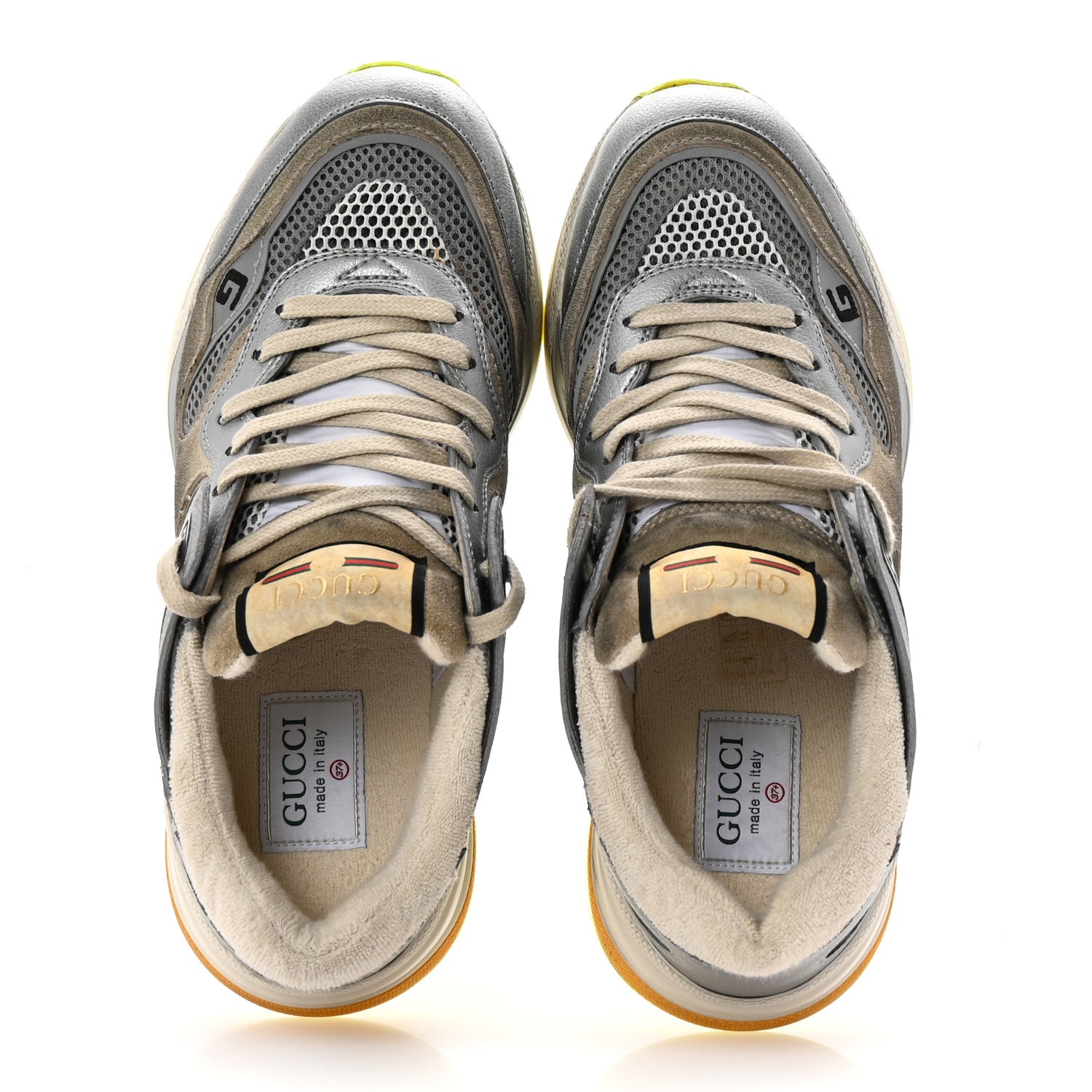 Gucci Metallic Calfskin Suede Womens Ultrapace Sneakers 37.5 Silver Oatmeal 2 of 9