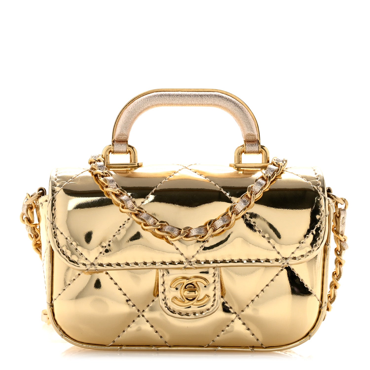 Chanel Metallic Mirror Calfskin Micro Top Handle Clutch With Chain Gold 1 of 10