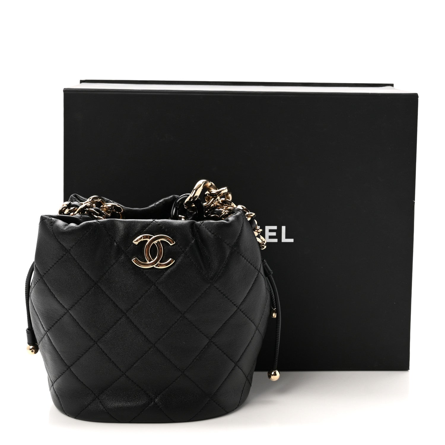 Chanel Lambskin Quilted Resin Bi-Color Chain Bucket Bag Black 11 of 11