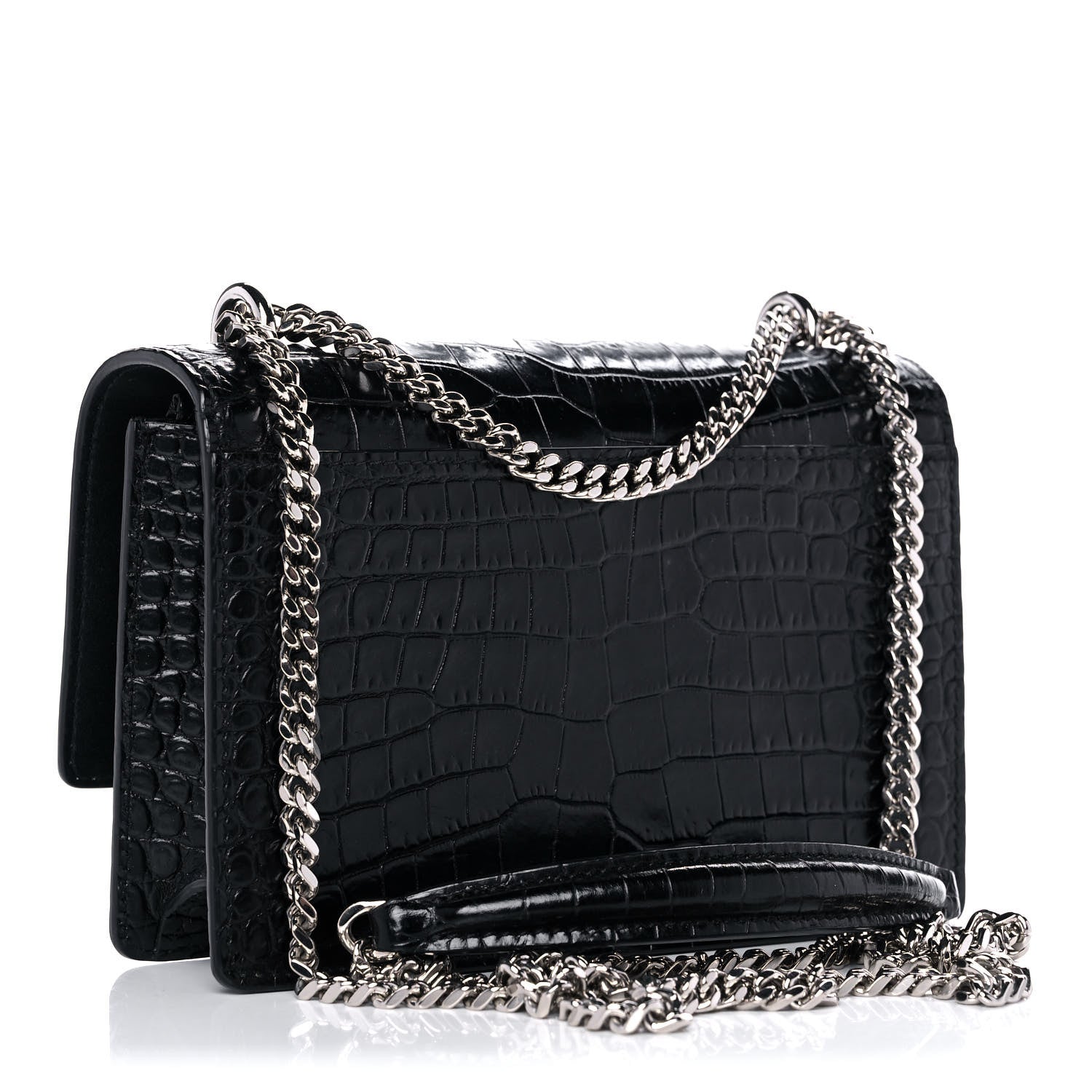 Saint Laurent Calfskin Crocodile Embossed Monogram Sunset Chain Wallet Black 3 of 15