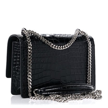 Saint Laurent Calfskin Crocodile Embossed Monogram Sunset Chain Wallet Black 3 of 15