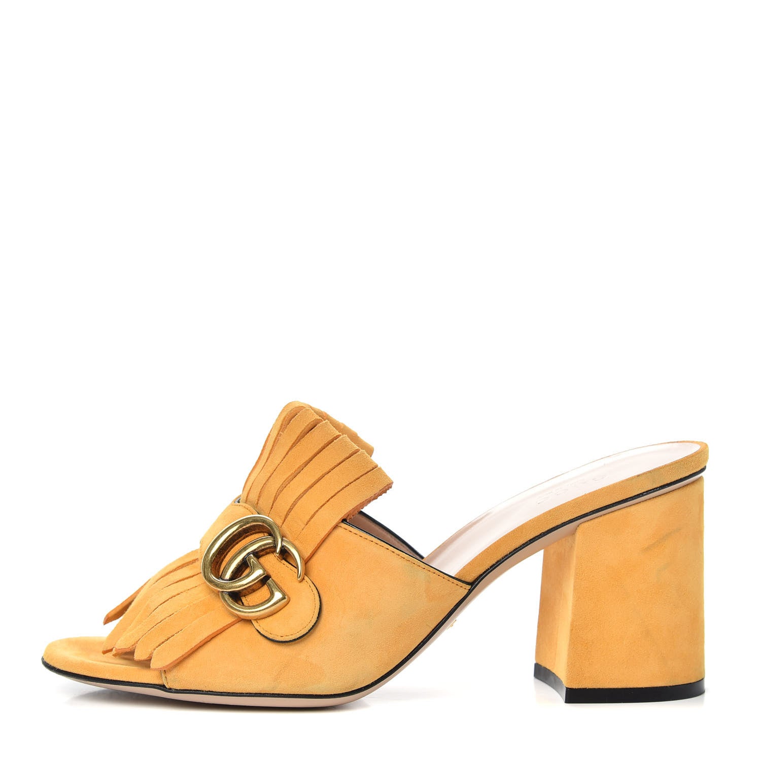 Gucci Kid Scamosciato GG Marmont Fringe 75mm Slide Sandals 38.5 Crystal Copper 1 of 10