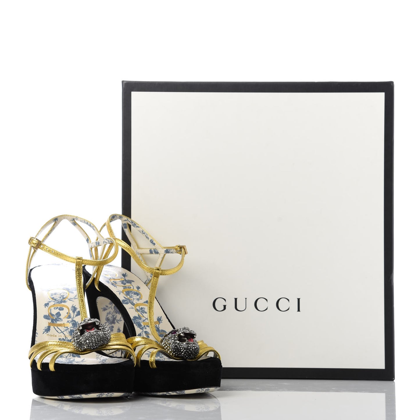 Velvet Nappa Elias T-Strap Platform High Heel Sandals 37.5 Black Gold