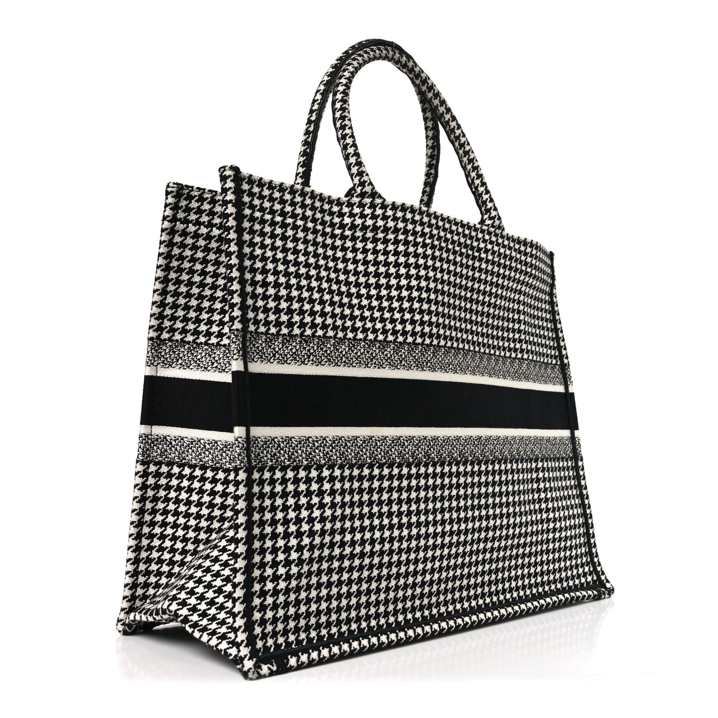 Canvas Houndstooth Embroidered Book Tote Black White
