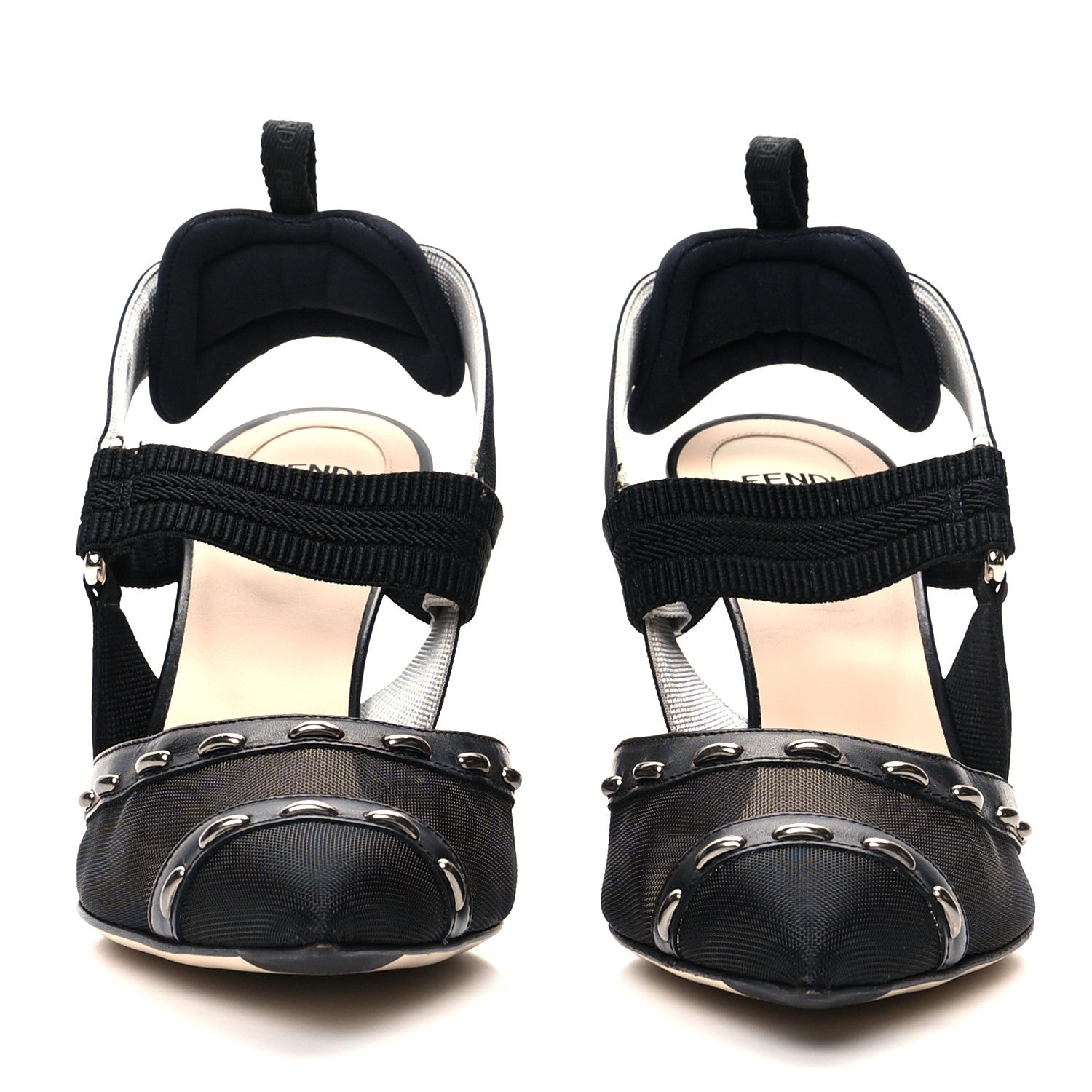 Fendi Technical Mesh Vitello Metal Stitches Colibri 85mm Slingback Pumps 37.5 Black Canna di Fucile 2 of 8