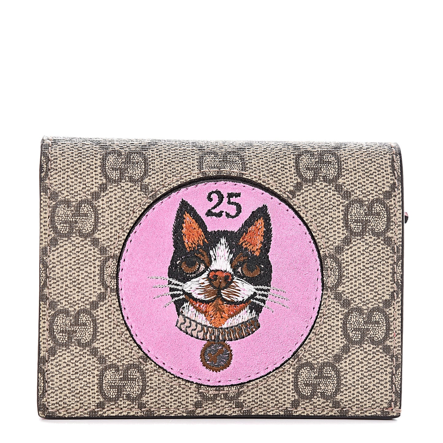 GG Supreme Monogram Bosco Patch Card Case Wallet Beige Malva Hibiscus Red