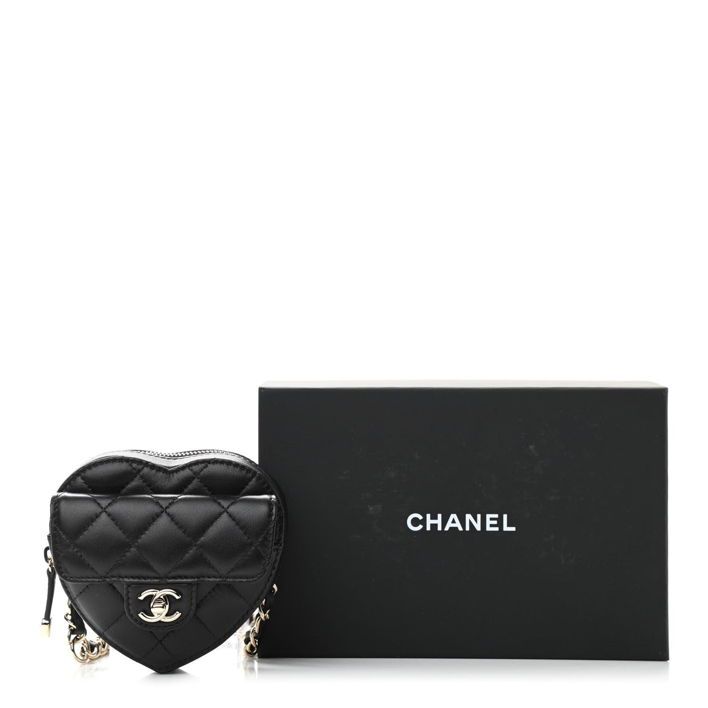 Lambskin Quilted CC In Love Heart Waist Belt Bag With Chain Black