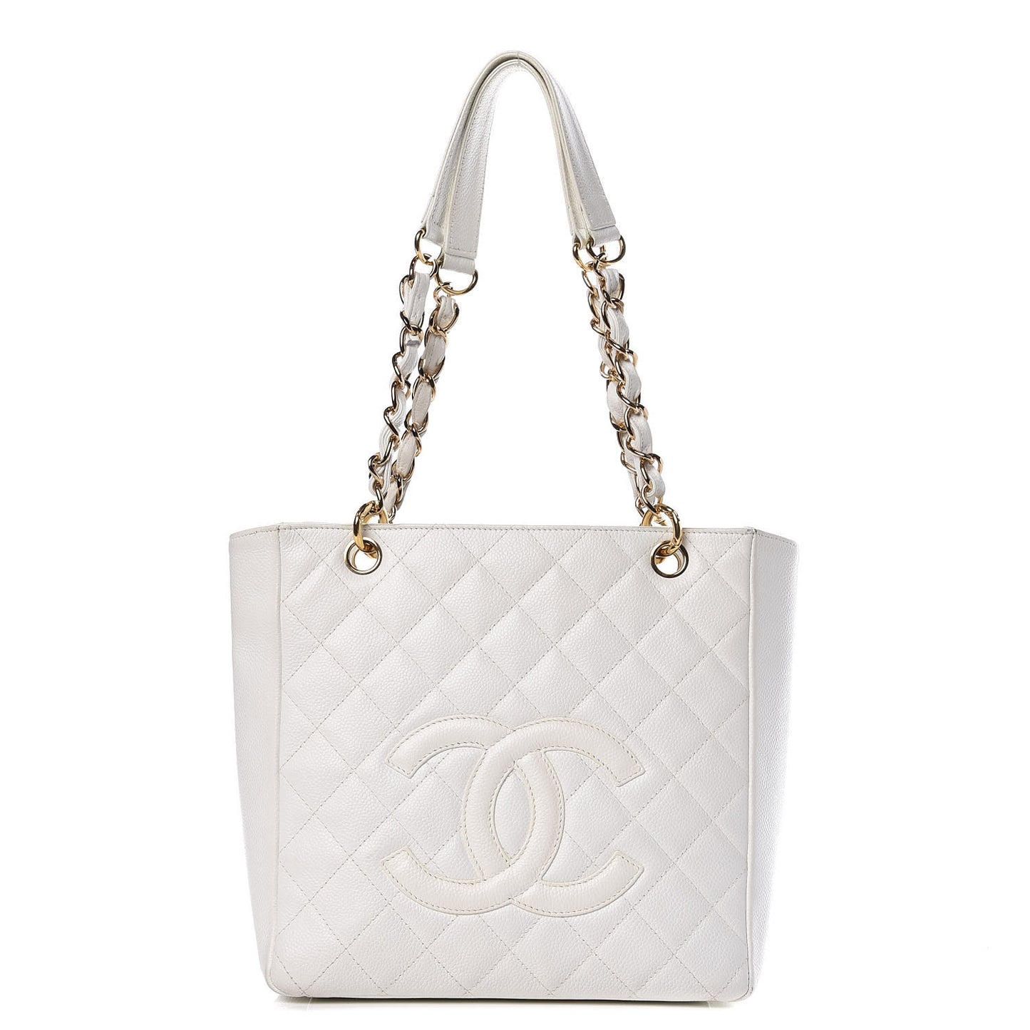 Caviar Quilted Petit Shopping Tote PST White