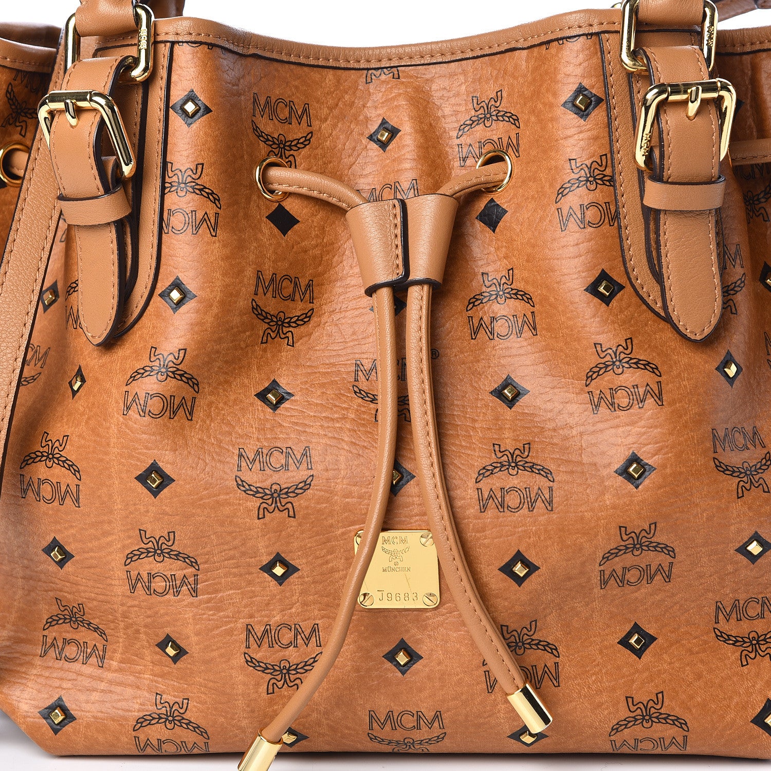 MCM Visetos Studded Small Drawstring Shopper Cognac 14 of 16