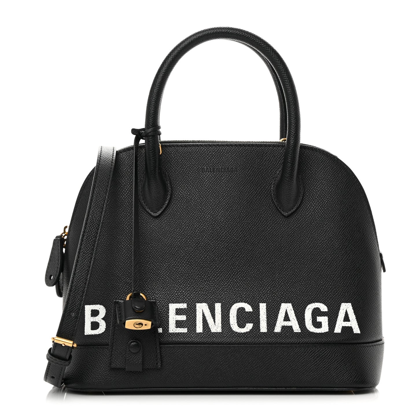 Signature Grained Calfskin Logo S Ville Top Handle Bag Black White