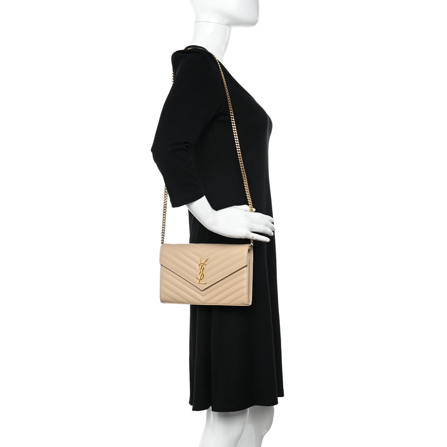 Saint Laurent Grain De Poudre Matelasse Chevron Monogram Chain Wallet Light Beige 2 of 13