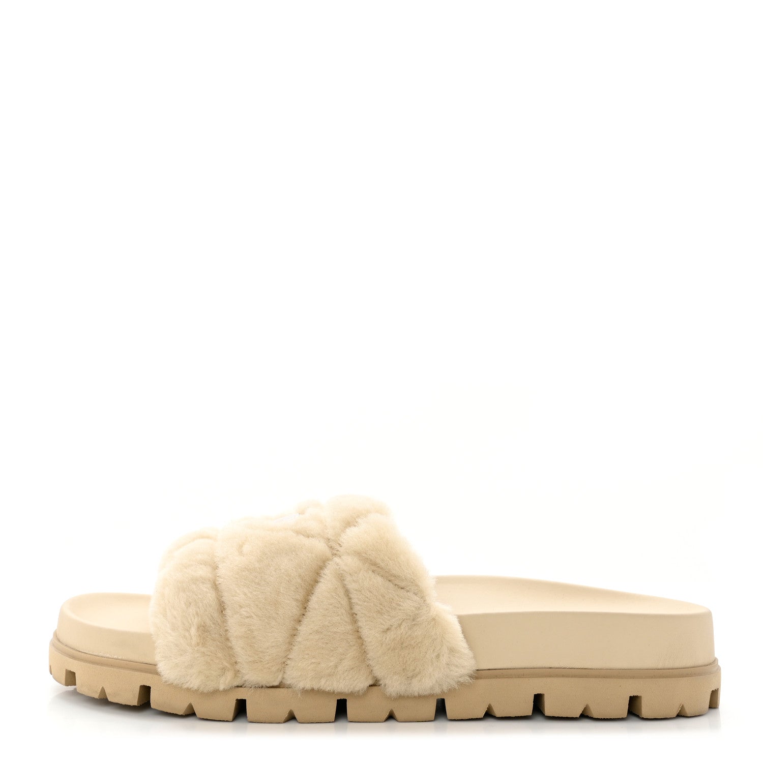 Prada Shearling Metal Triangle Logo Lug Sole 20mm Slide Sandals 39.5 Ecru 1 of 9