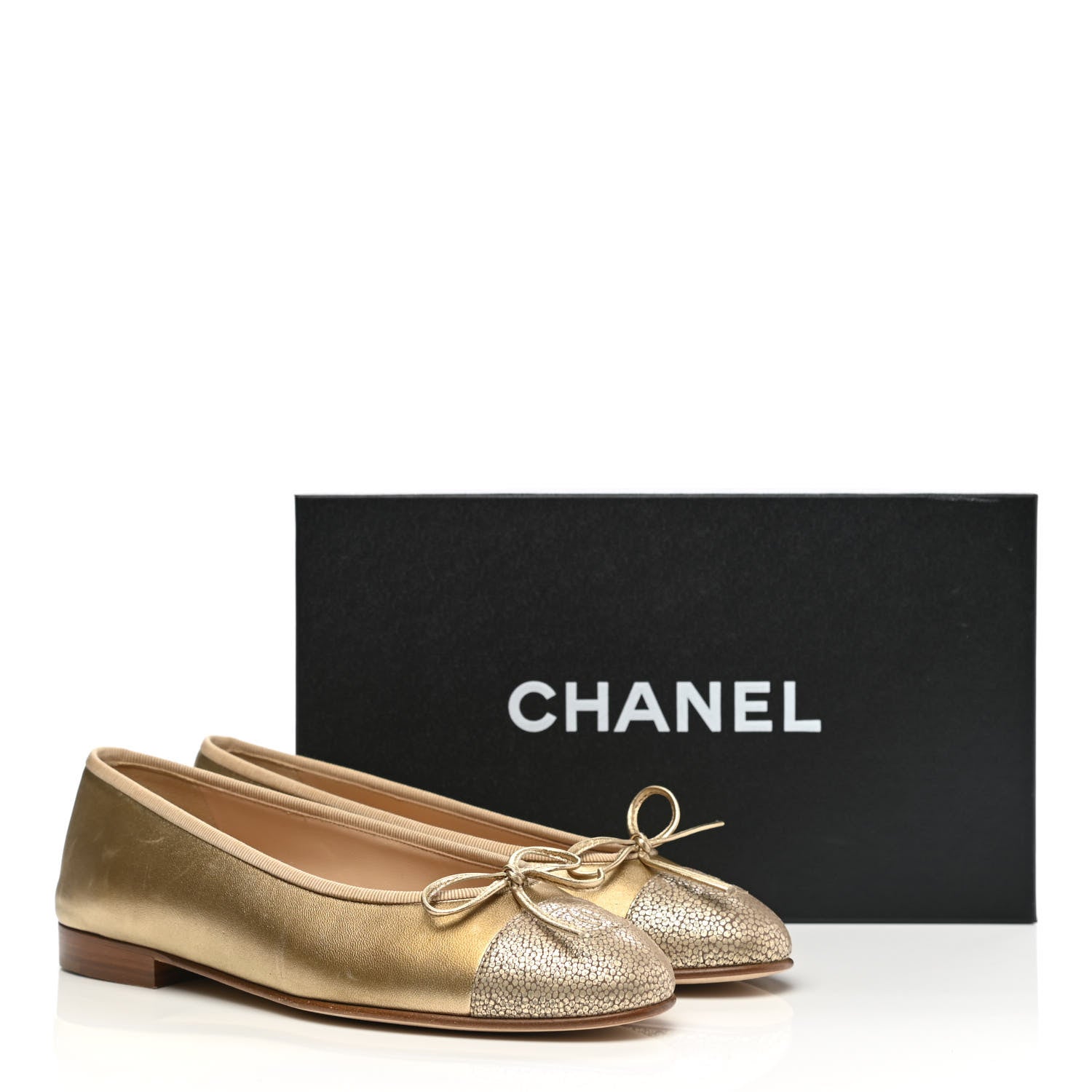 Chanel Lambskin Metallic Caviar CC Cap Toe Ballerina Flats 37 Light Gold 12 of 12