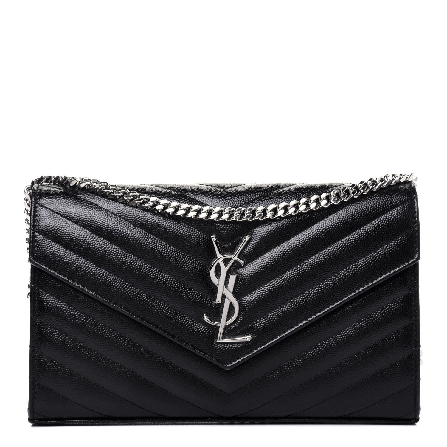 Saint Laurent Grain De Poudre Matelasse Chevron Monogram Chain Wallet Black 1 of 9