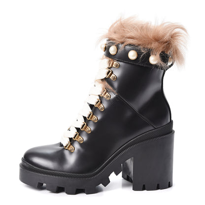 Gucci Magnum Calfskin Fur Pearl Lace Up Combat Ankle Boots 37 Black Naturale 1 of 9