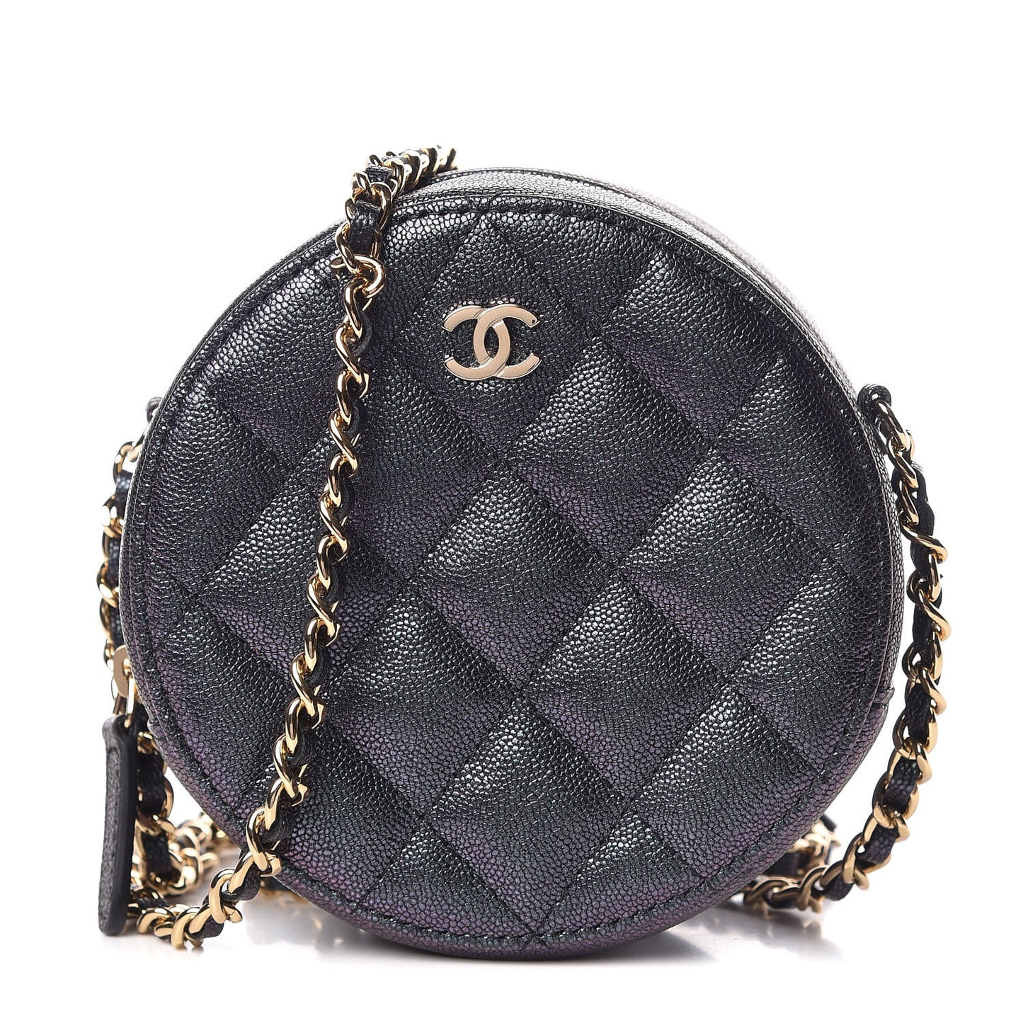 Iridescent Caviar Quilted Round Clutch With Chain Black