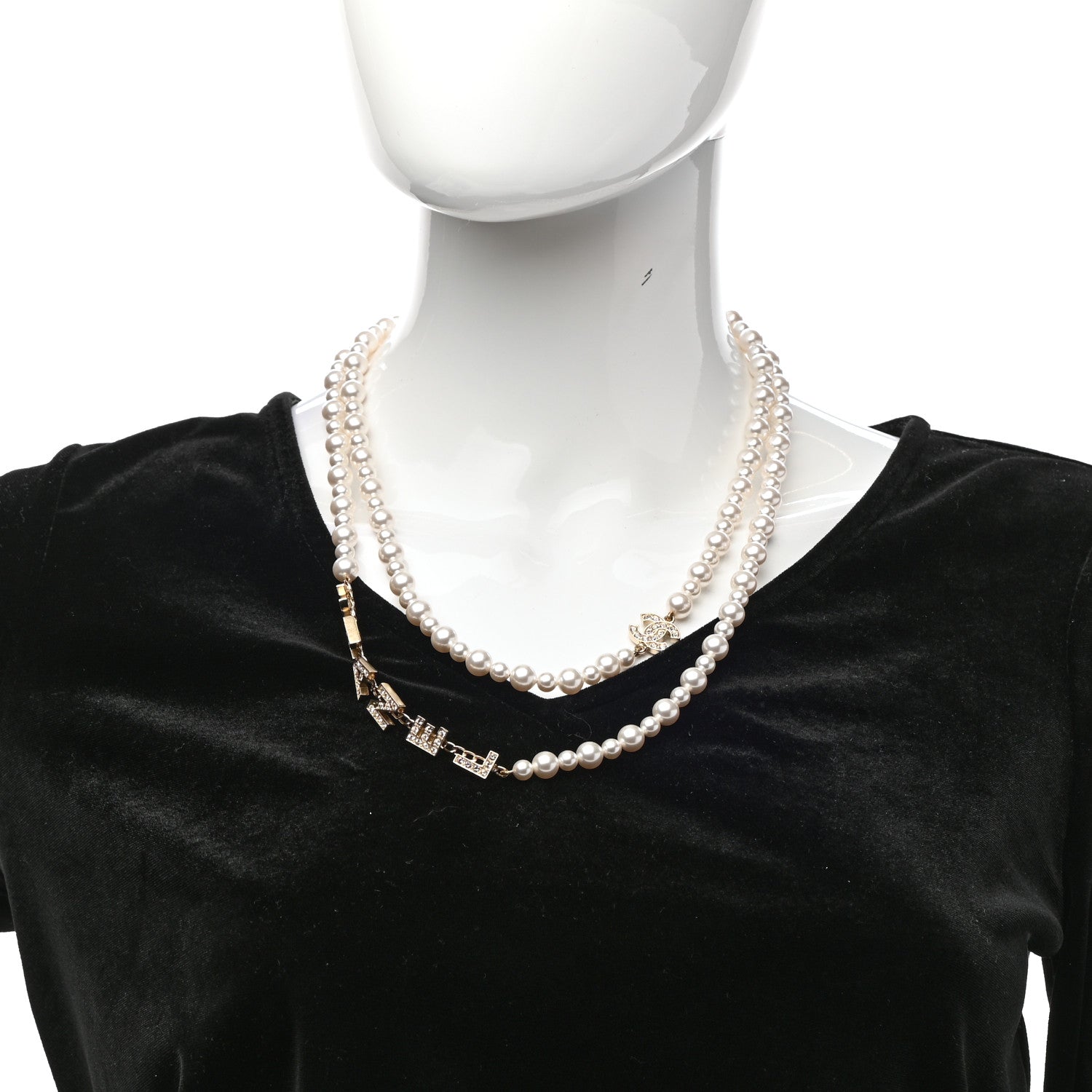 Chanel Crystal Pearl Signature Drop Necklace Light Gold 2 of 7