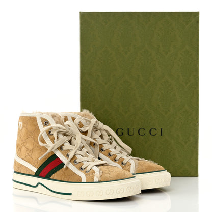 Gucci Suede Shearling Web GG Monogram Embossed Womens 1977 Tennis High Top Sneakers 37 Butterscotch Mystic White 8 of 8