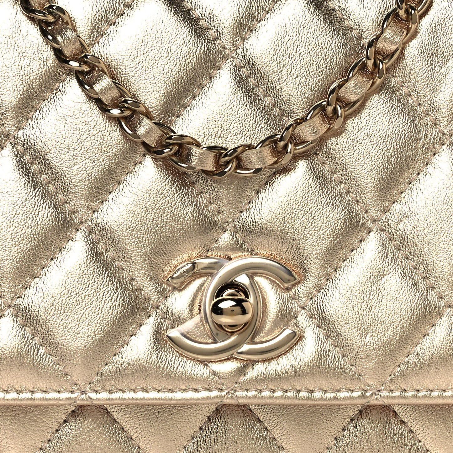 Metallic Lambskin Quilted Trendy CC Wallet On Chain WOC Gold
