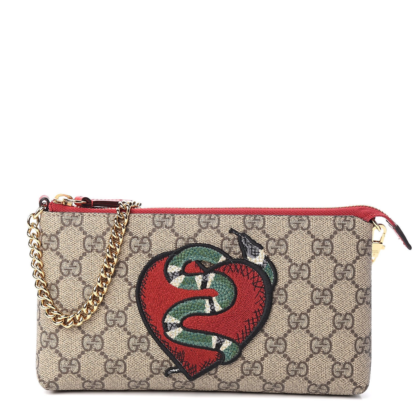 GG Supreme Monogram Kingsnake Heart Embroidered Chain Wrist Wallet Red