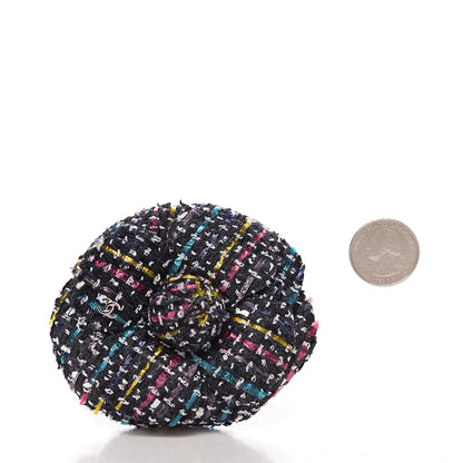 Chanel Tweed Camellia Pin Brooch Navy Multicolor 2 of 3
