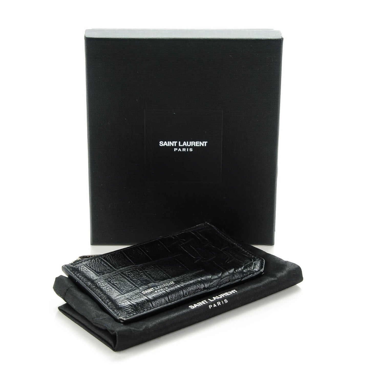 Calfskin Crocodile Embossed 5 Fragments Zip Card Case Black