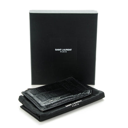 Saint Laurent Calfskin Crocodile Embossed 5 Fragments Zip Card Case Black 4 of 7