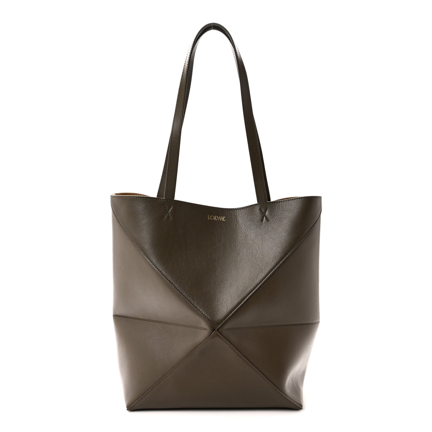 Shiny Calfskin Medium Puzzle Fold Tote Dark Khaki Green