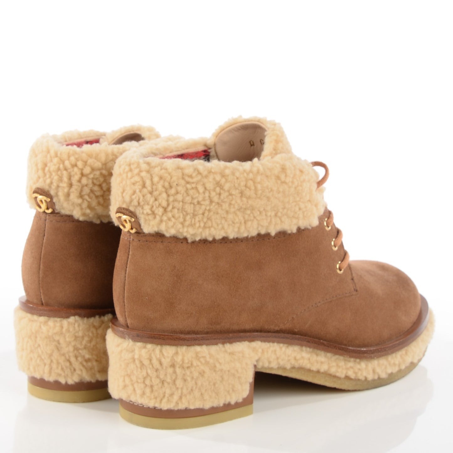Shearling Suede Calfskin Lace Up Ankle Boots 37 Brown Beige