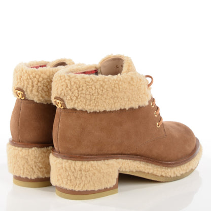 Chanel Shearling Suede Calfskin Lace Up Ankle Boots 37 Brown Beige 4 of 8