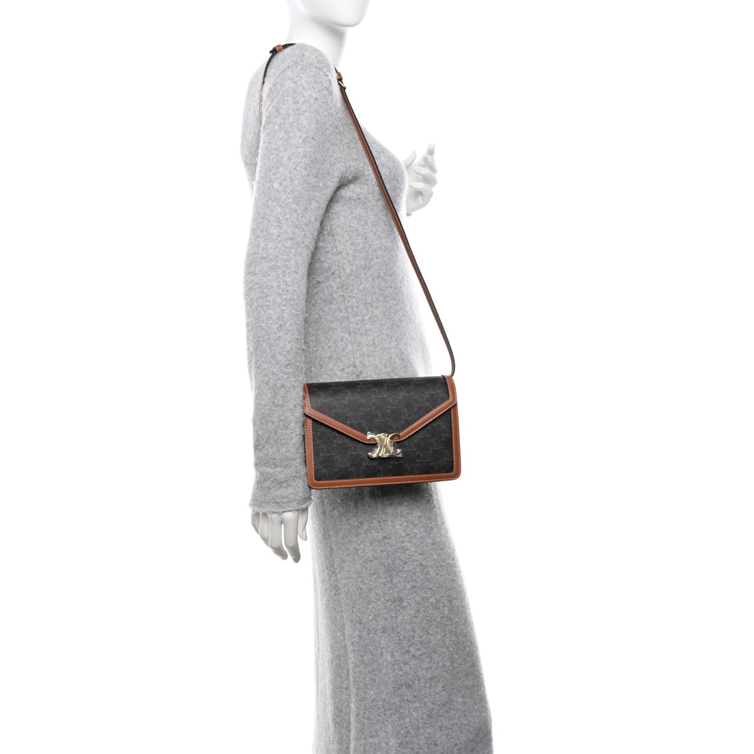 Celine Triomphe Canvas Calfskin Enveloppe Bag Tan 2 of 14