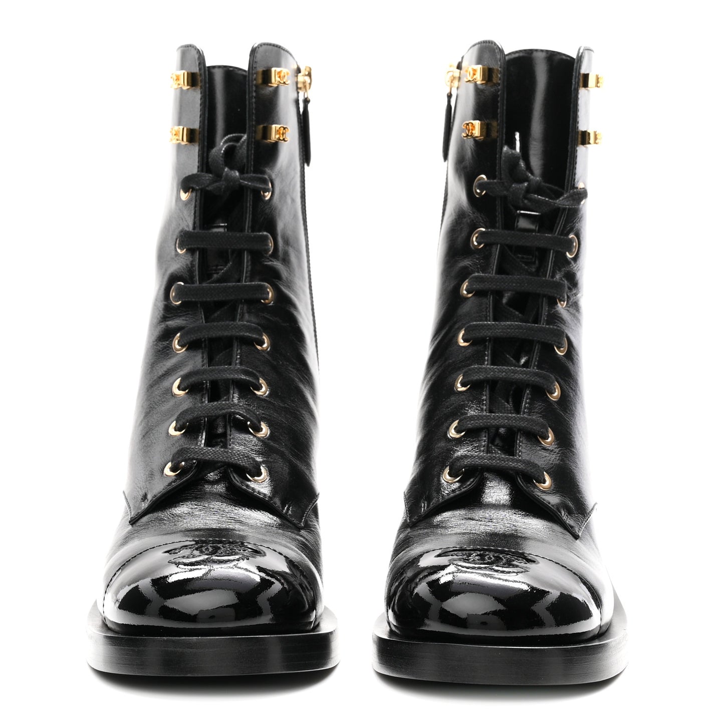 Shiny Calfskin Patent Cap Toe Lace Up Combat Boots 40 Black