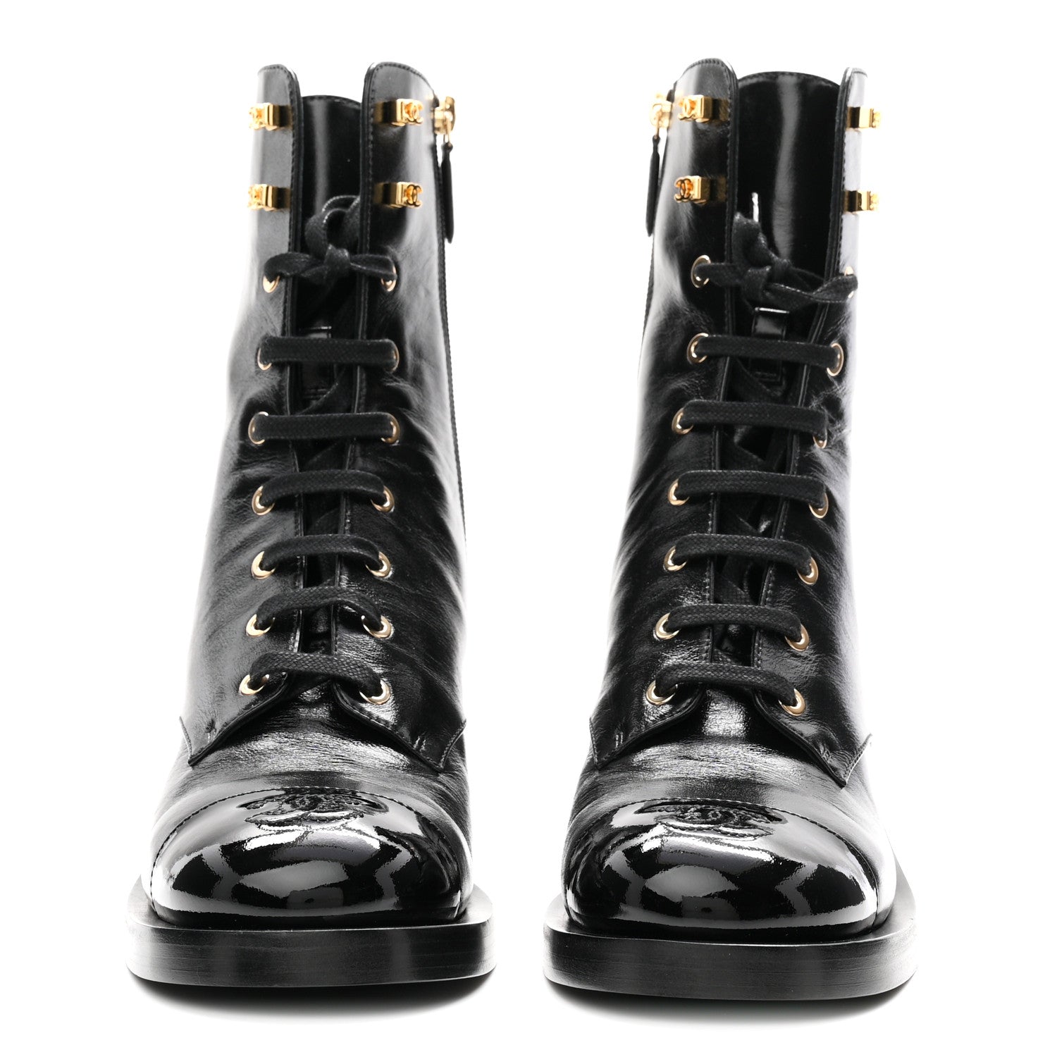 Chanel Shiny Calfskin Patent Cap Toe Lace Up Combat Boots 40 Black 3 of 10