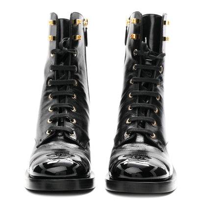 Chanel Shiny Calfskin Patent Cap Toe Lace Up Combat Boots 40 Black 3 of 10
