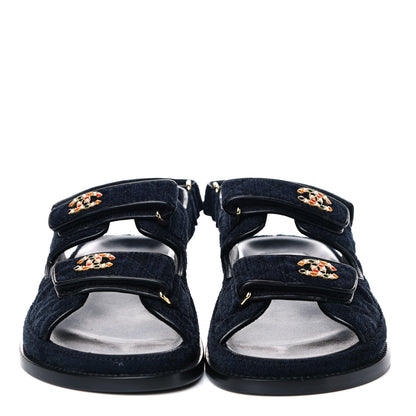 Chanel Velvet Velcro Dad Sandals 37.5 Navy Blue 2 of 12