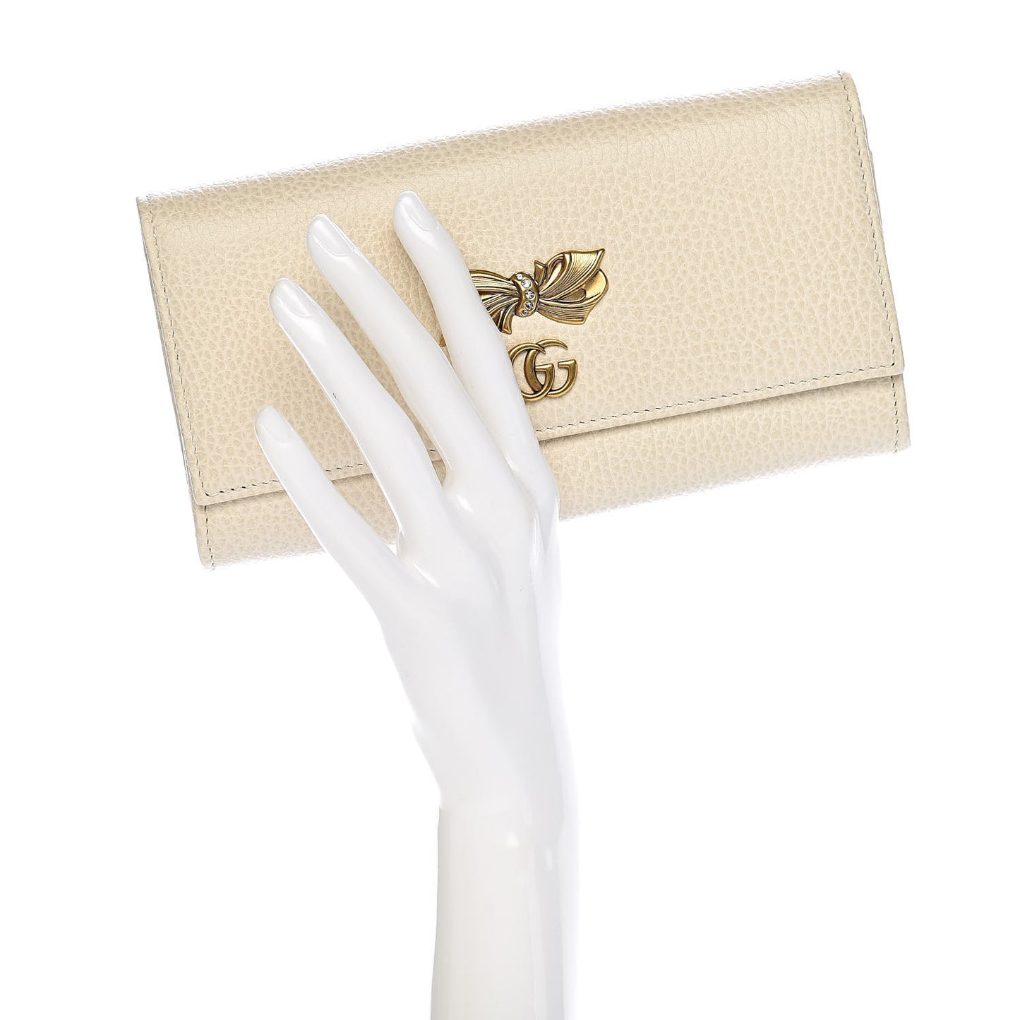 Calfskin Crystal Bow Continental Wallet Off White