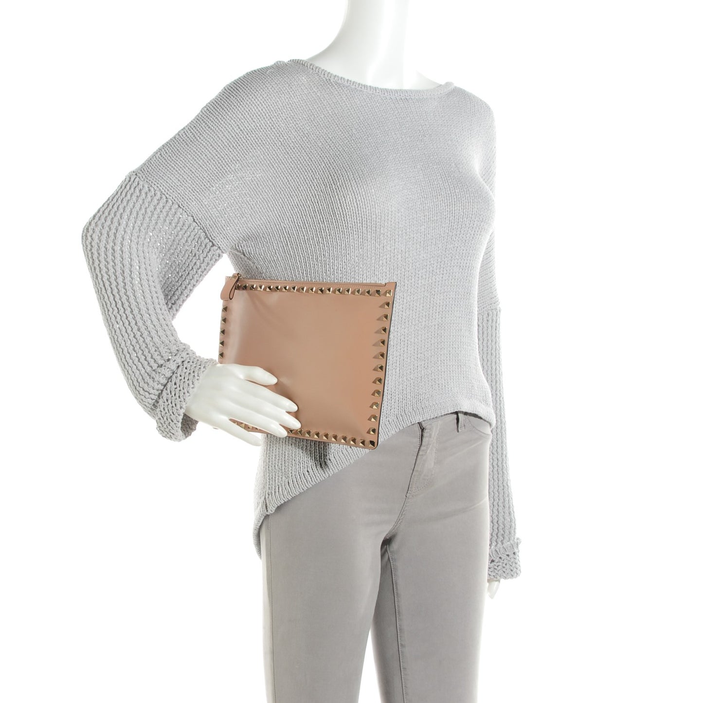 Vitello Large Rockstud Zip Pouch Soft Noisette