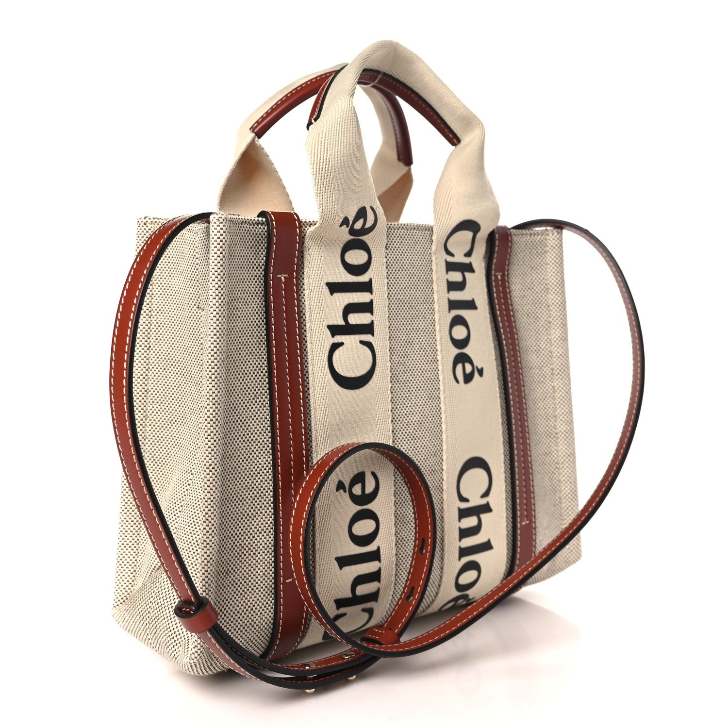 Chloe Cotton Calfskin Small Woody Ribbon Tote With Strap White Brown 3 of 9