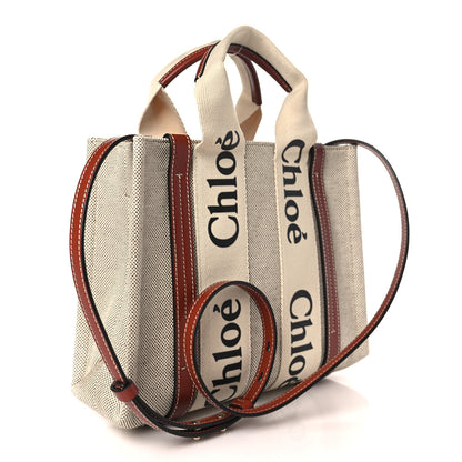 Chloe Cotton Calfskin Small Woody Ribbon Tote With Strap White Brown 3 of 9