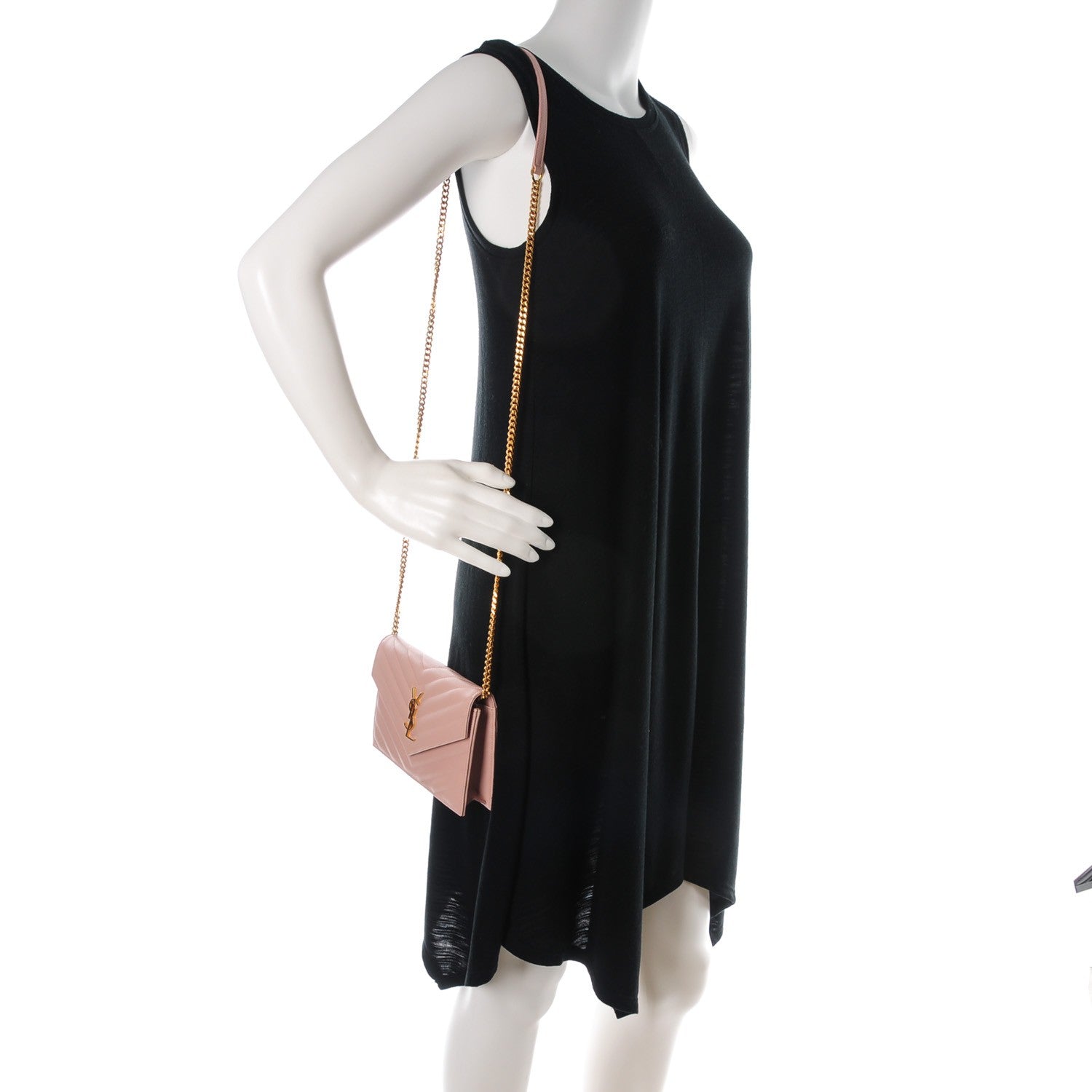 Saint Laurent Grain De Poudre Matelasse Chevron Monogram Envelope Chain Wallet Pale Pink 2 of 7
