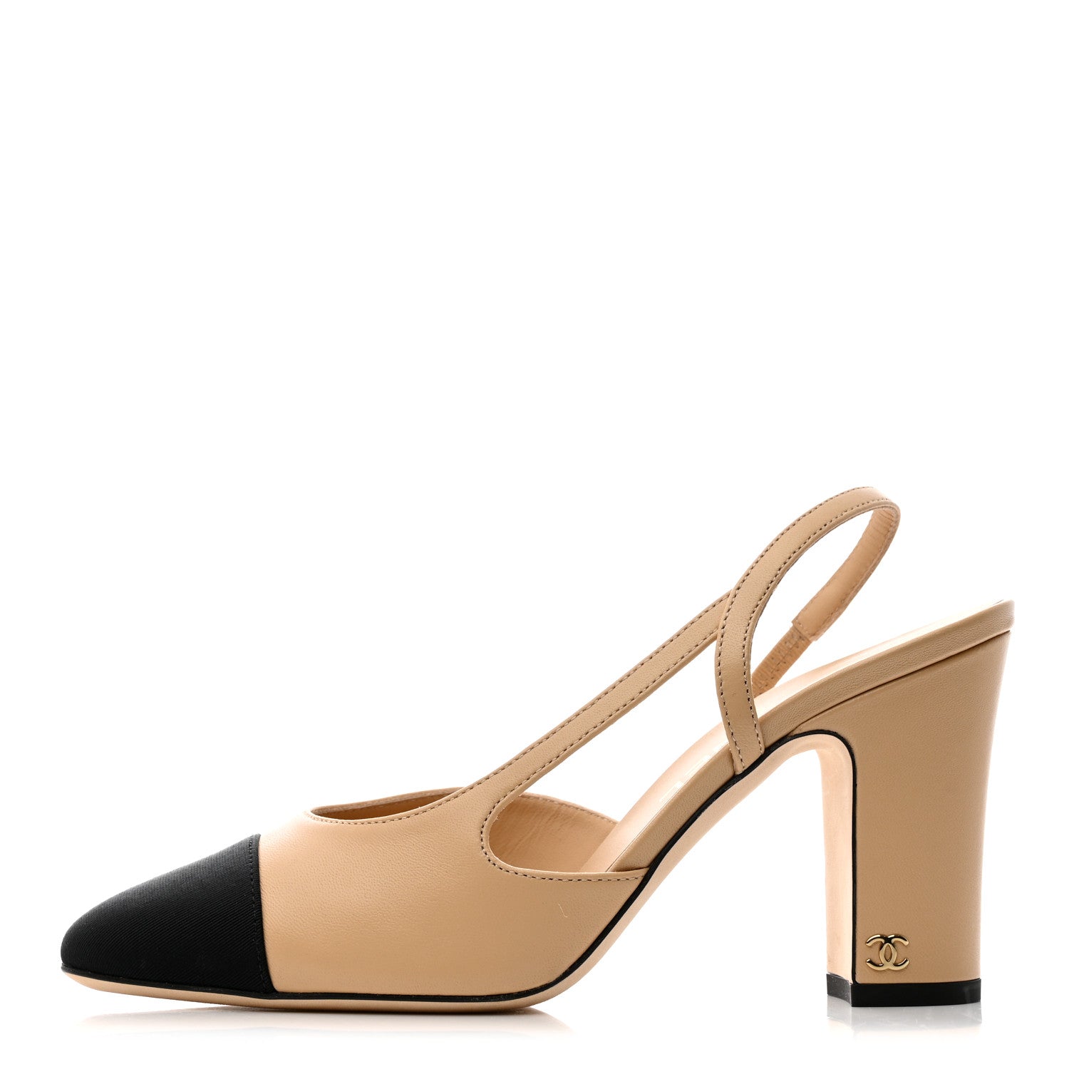 Chanel Lambskin Grosgrain Cap Toe CC Slingback Pumps 37.5 Beige Black 1 of 9