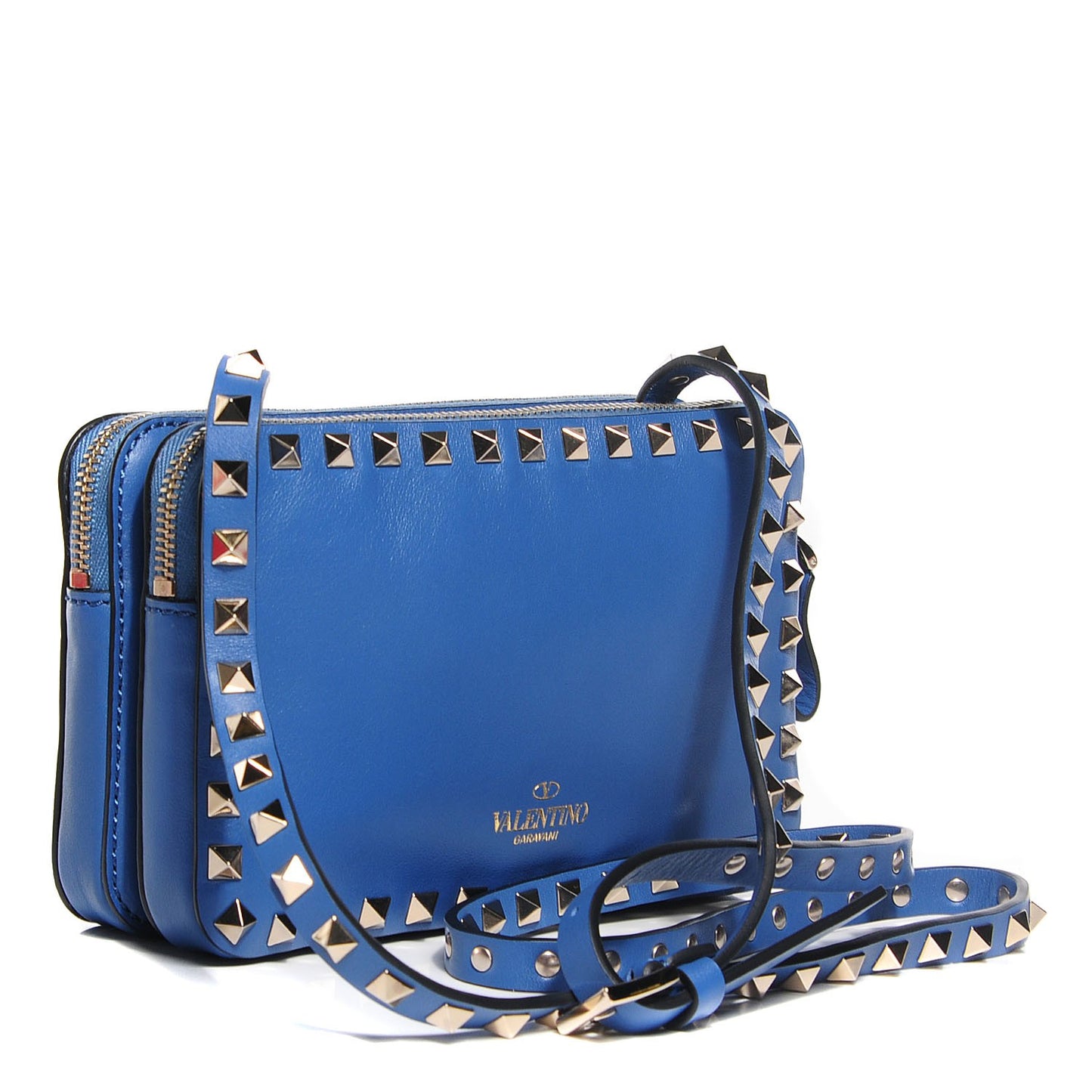 Vitello Rockstud Double Zip Compartment Crossbody Bag Light Sapphire
