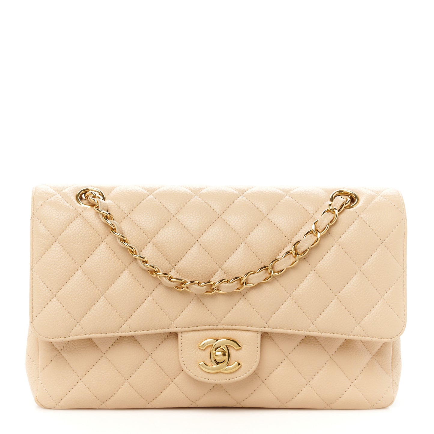 Caviar Quilted Medium Double Flap Light Beige