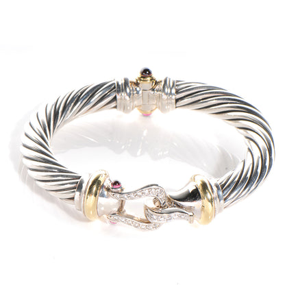 David Yurman Sterling Silver 18K Yellow Gold Diamond Pink Tourmaline 10mm Cable Buckle Bracelet 1 of 6