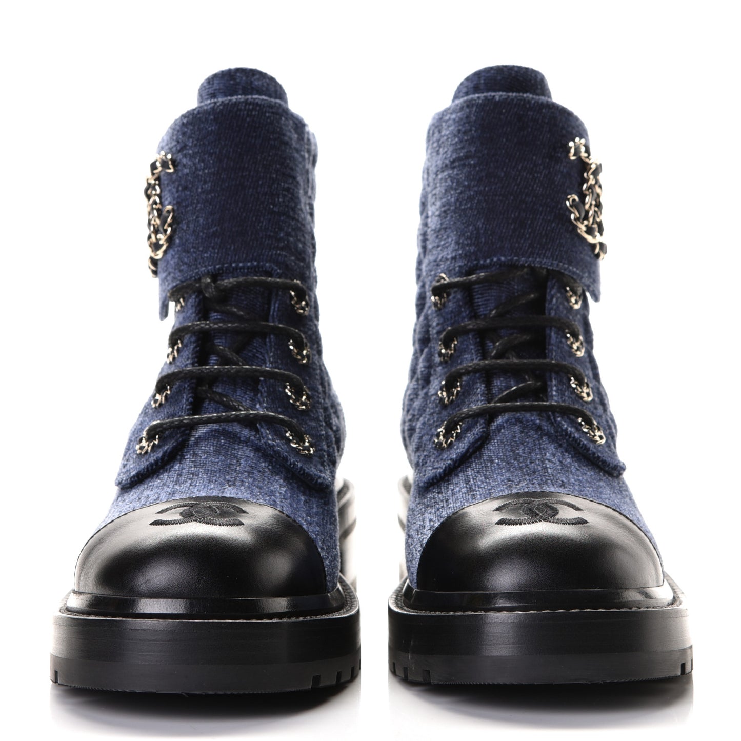 Denim Calfskin Quilted Lace Up Combat Boots 38 Blue