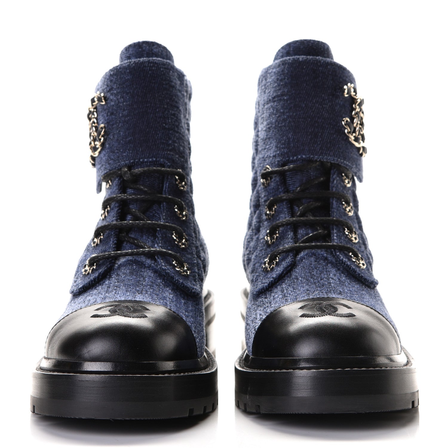Chanel Denim Calfskin Quilted Lace Up Combat Boots 38 Blue 2 of 6