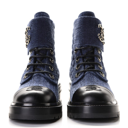 Chanel Denim Calfskin Quilted Lace Up Combat Boots 38 Blue 2 of 6