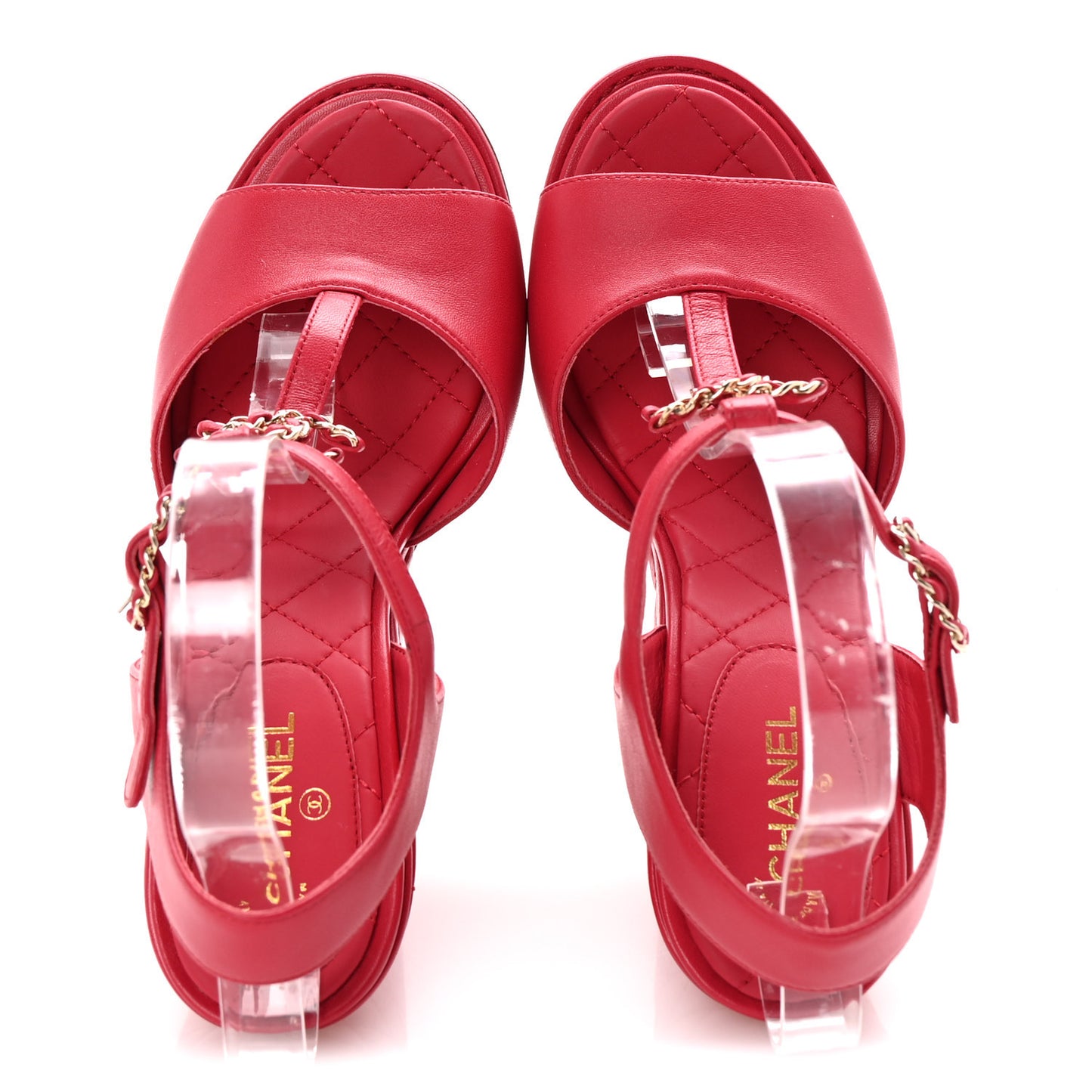 Lambskin Quilted Chain CC Wedge Sandals 38 Red